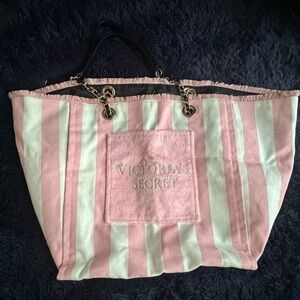Victoria's Secret Pink & White Striped Tote with Chain Handles